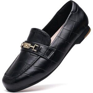 Women Black Stone Polyurethane Accent Buckle Leisure Slip On Walking Flats Shoes